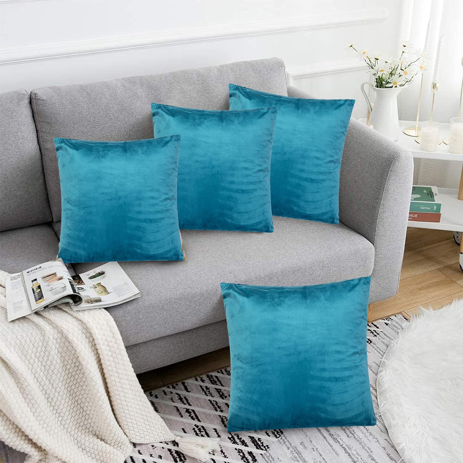 Luxury Living Luxurious Velvet Cushions Set of 4 - Soft Plush Fibre Pads, Vibrant Colours for Sofa & Bed Décor in Teal