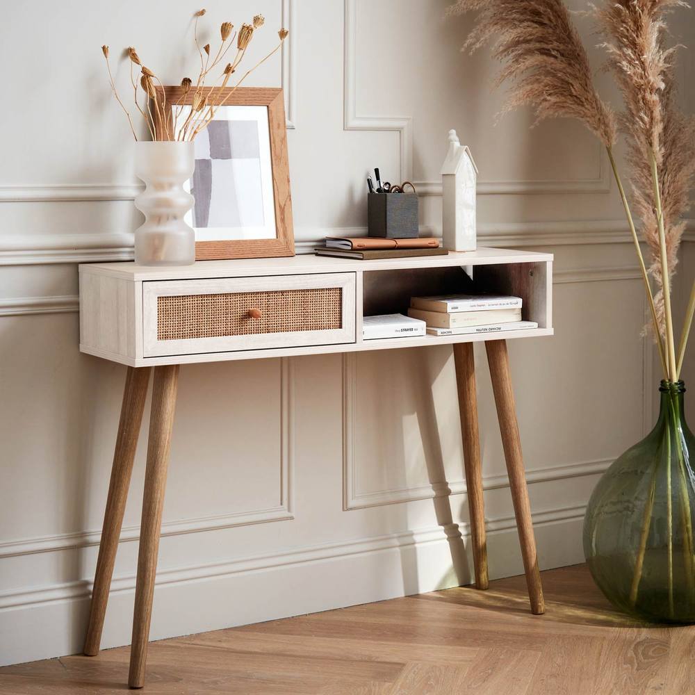 sweeek 100cm Wood & Cane Decor Console Table in White