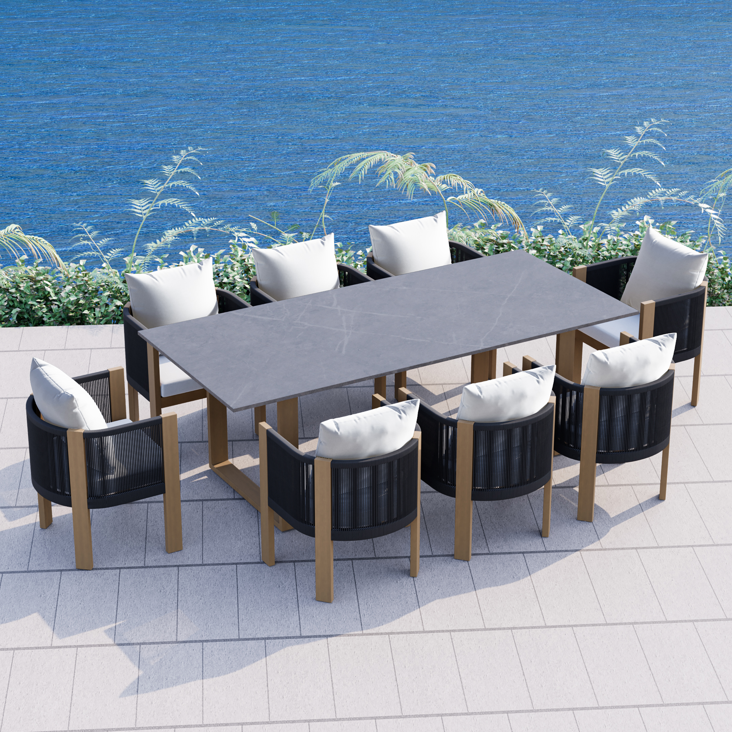 9 PCS 2200m Faux Marble Outdoor Dining Table Set with Woven Rope Chairs in Gray for 8 Person Patio & Yard Large Marble Outdoor Dining Table with Chair