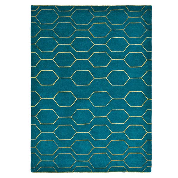 Arris Teal Rug With Gold Detailing - Geometric Pattern - Made From Wool And Viscose - 120 x 180cm
