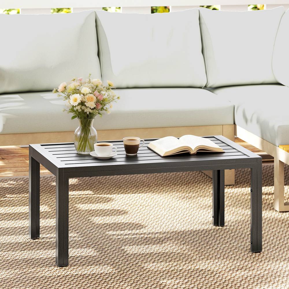OUTSUNNY Outdoor Side Table Garden Table with Steel Frame & Slat Top Wood in Dark Grey