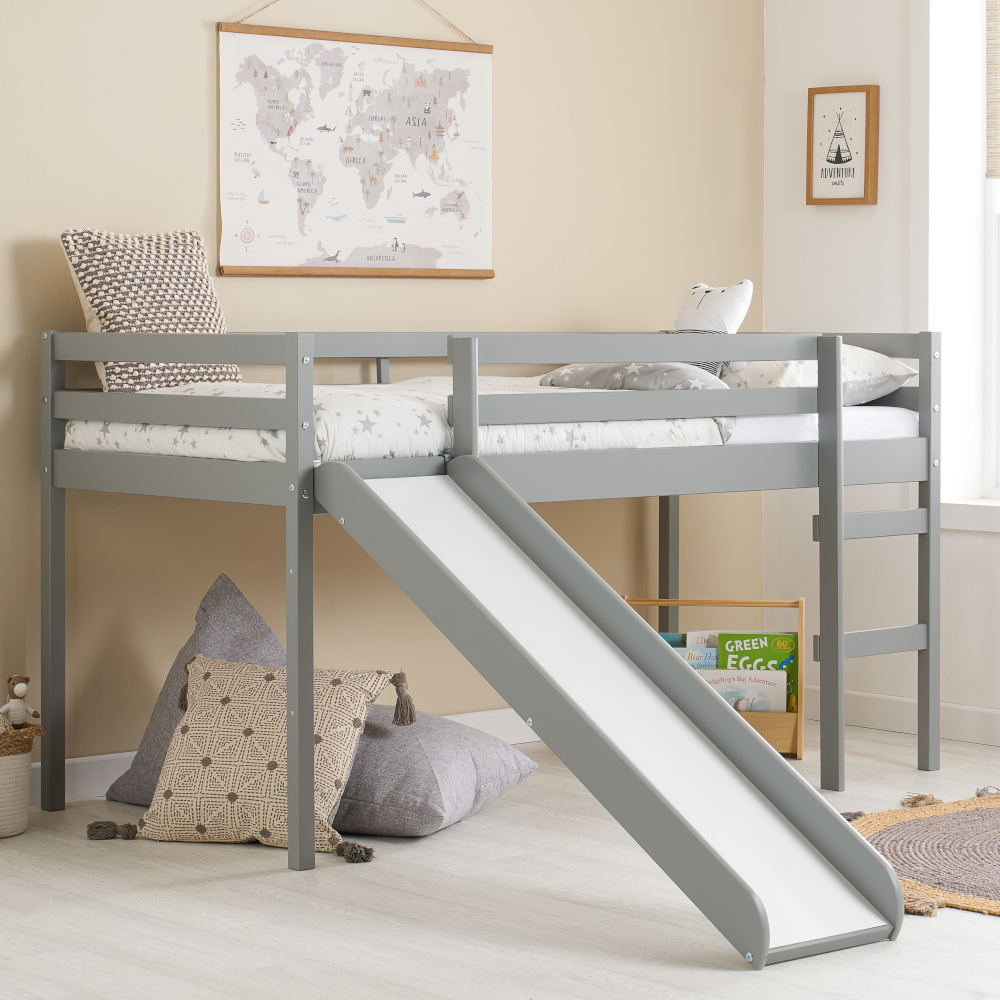Frankie - Single - Mid Sleeper with Slide - Grey - Wooden - 3ft - Happy Beds