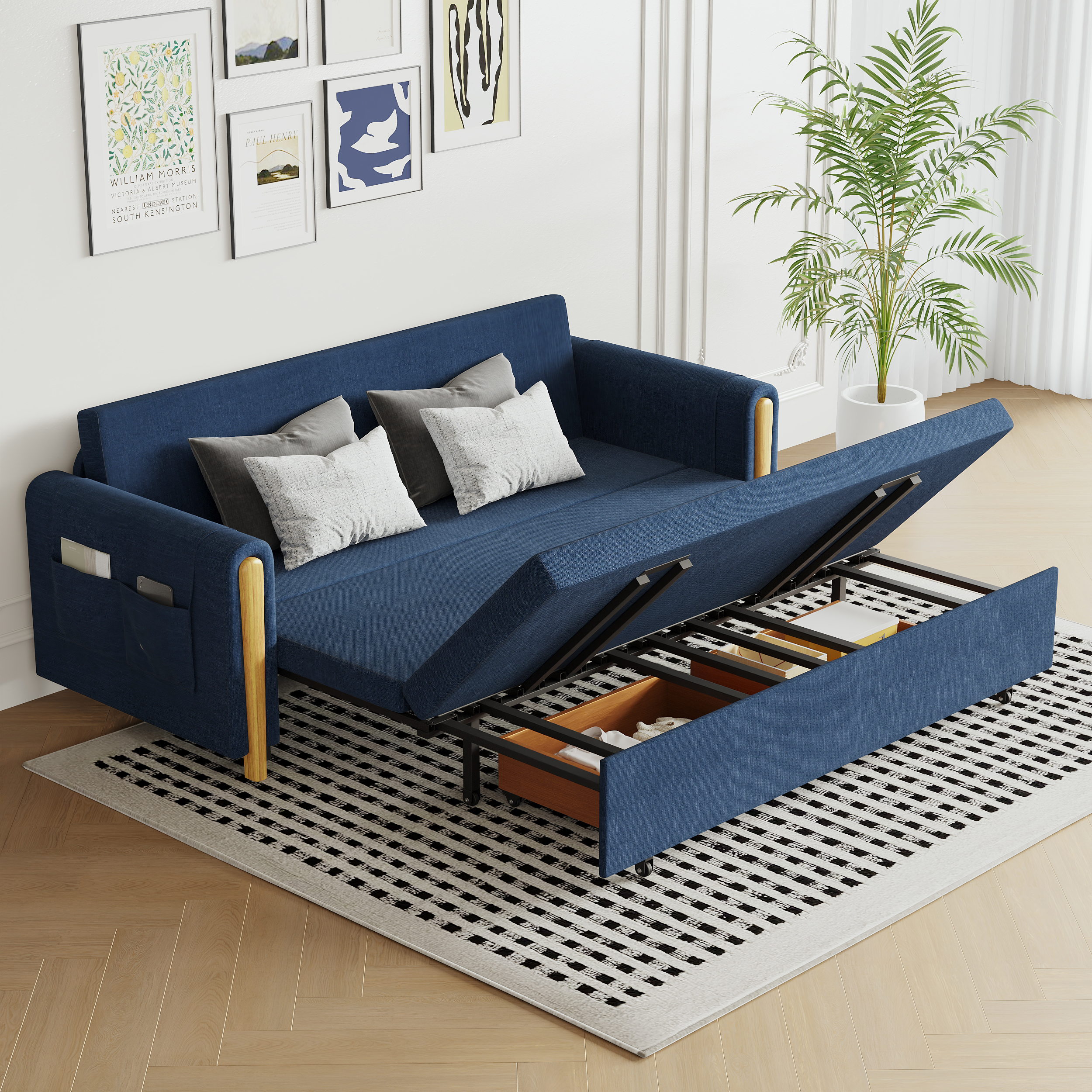 210 cm Queen 3-Seater Linen Convertible Sleeper Sofa
