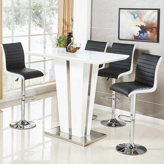 Memphis Glass Bar Table High Gloss White 4 Ritz Black Stools
