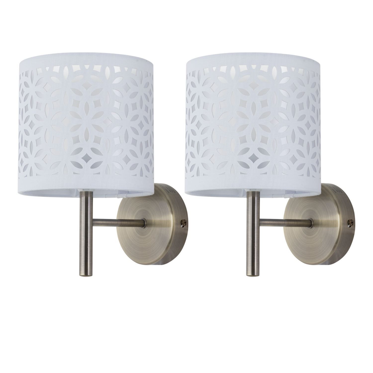First Choice Lighting Set of 2 Brea - Antique Brass Wall Lights with White Cut Out Shade in Gold