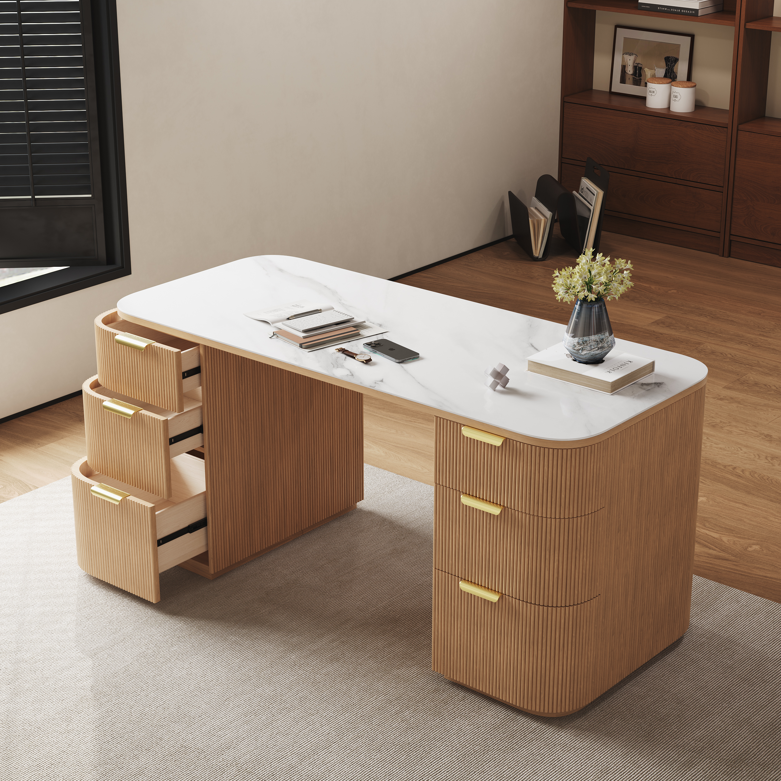 Marble Oval Home Office Desk with 6 Drawers White Executive Writing Desk (160 cm)