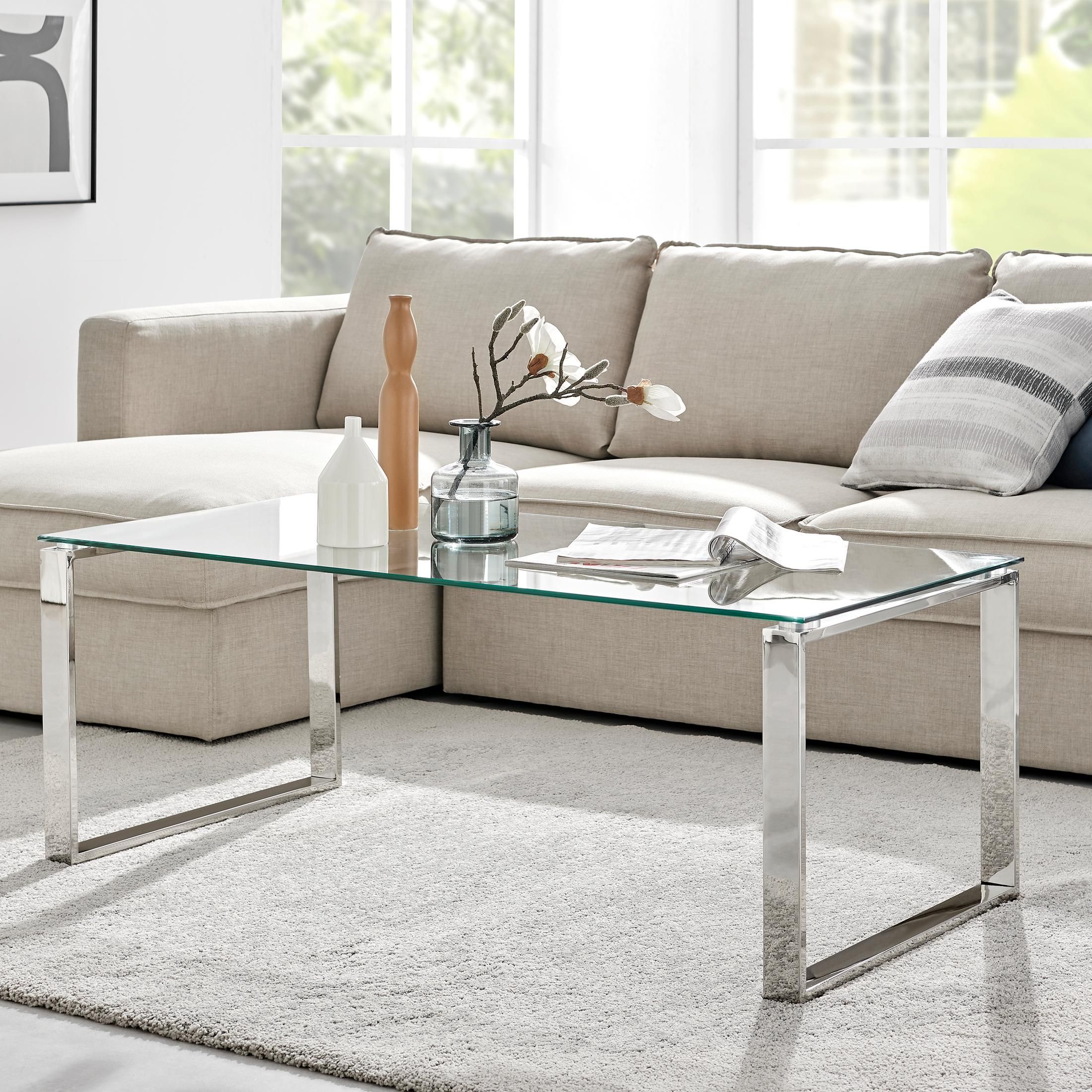 FurnitureboxUK Miami Modern Rectangular Clear Glass Coffee Table with Square Silver Chrome Metal Legs for Minimalist Living Room
