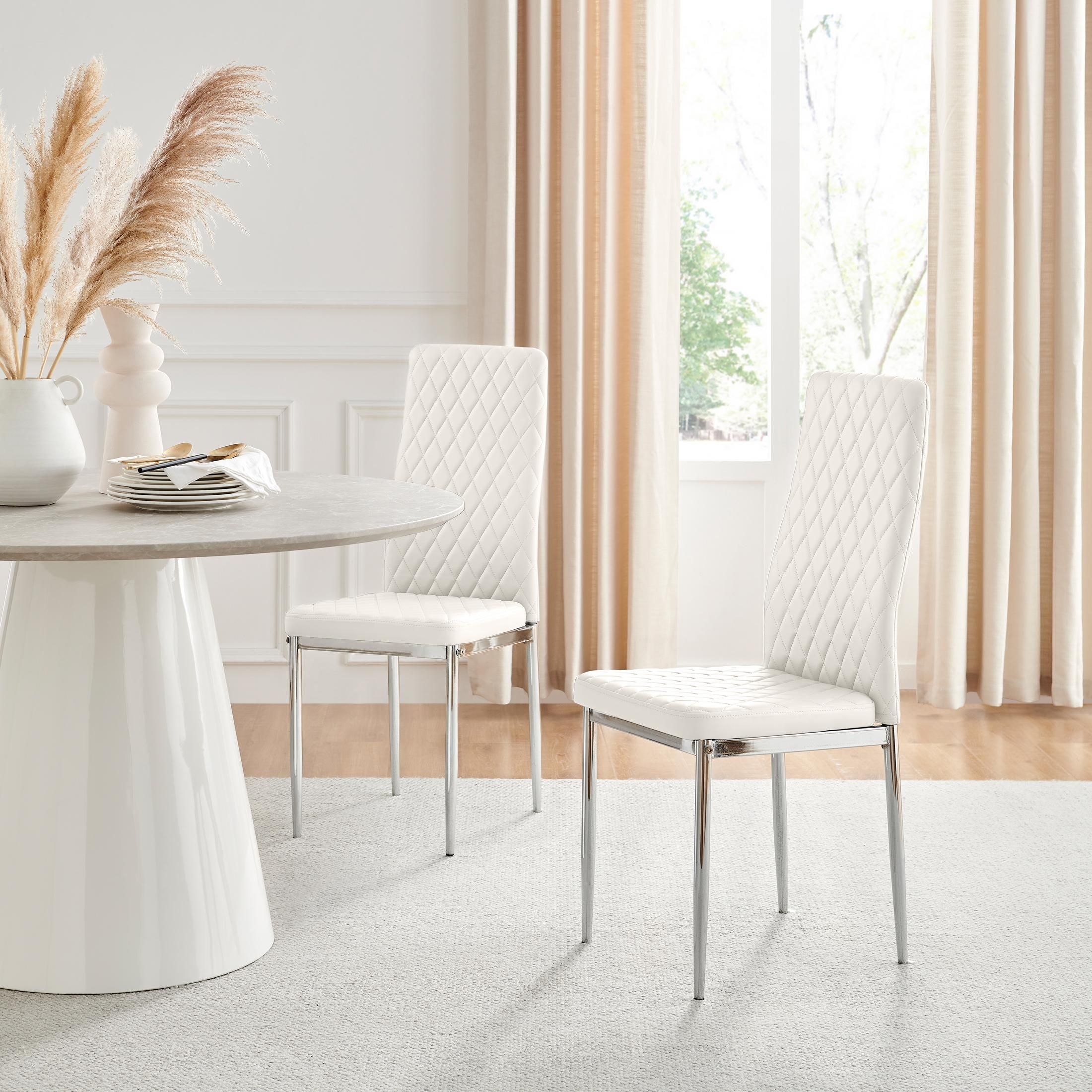 FurnitureboxUK Set of 4 Milan High Back Soft Touch Diamond Pattern Faux Leather Dining Chairs With Silver Chrome Metal Legs in White