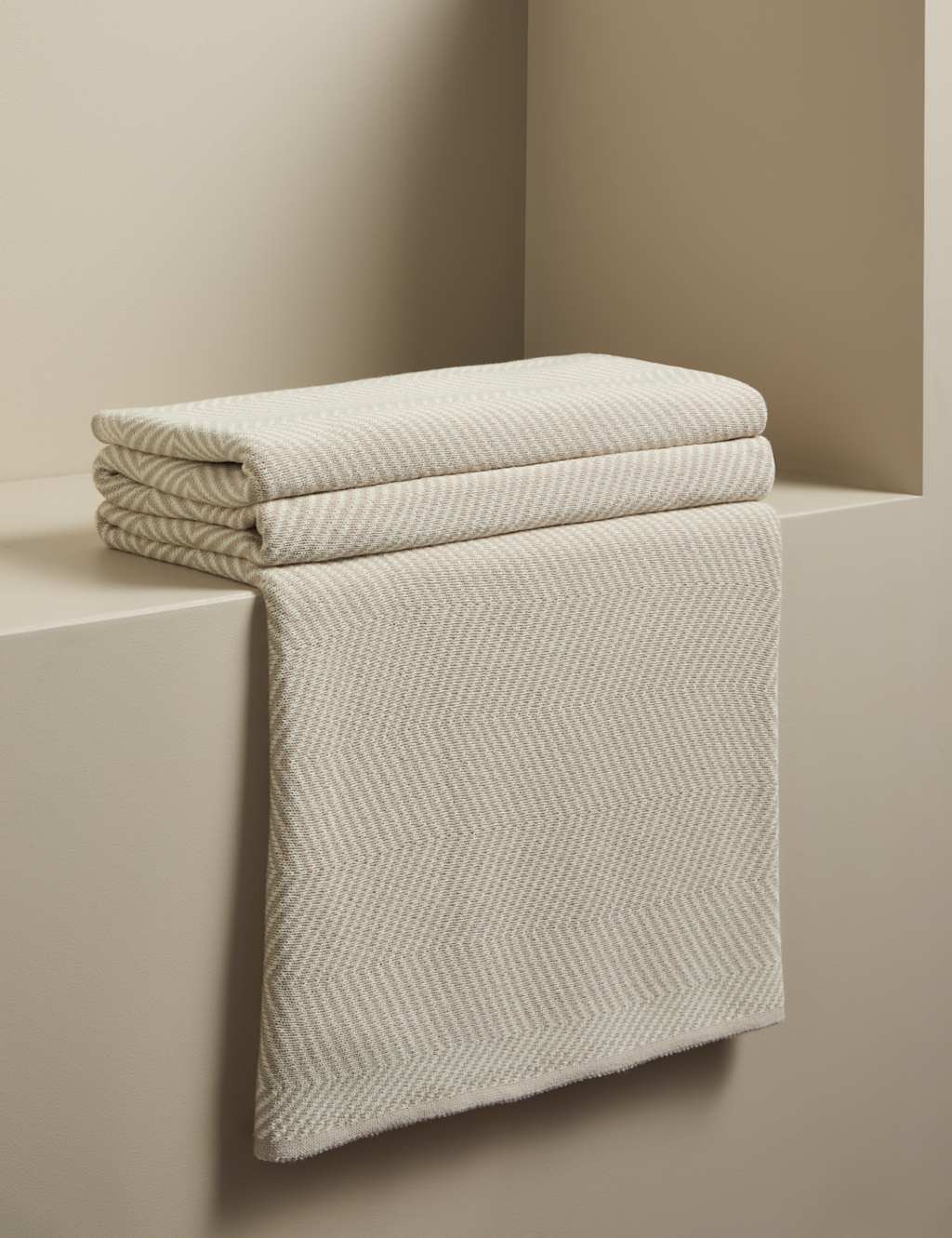 M&S X Kelly Hoppen Kelly Hoppen Pure Cotton Chevron Knitted Throw Taupe Mix