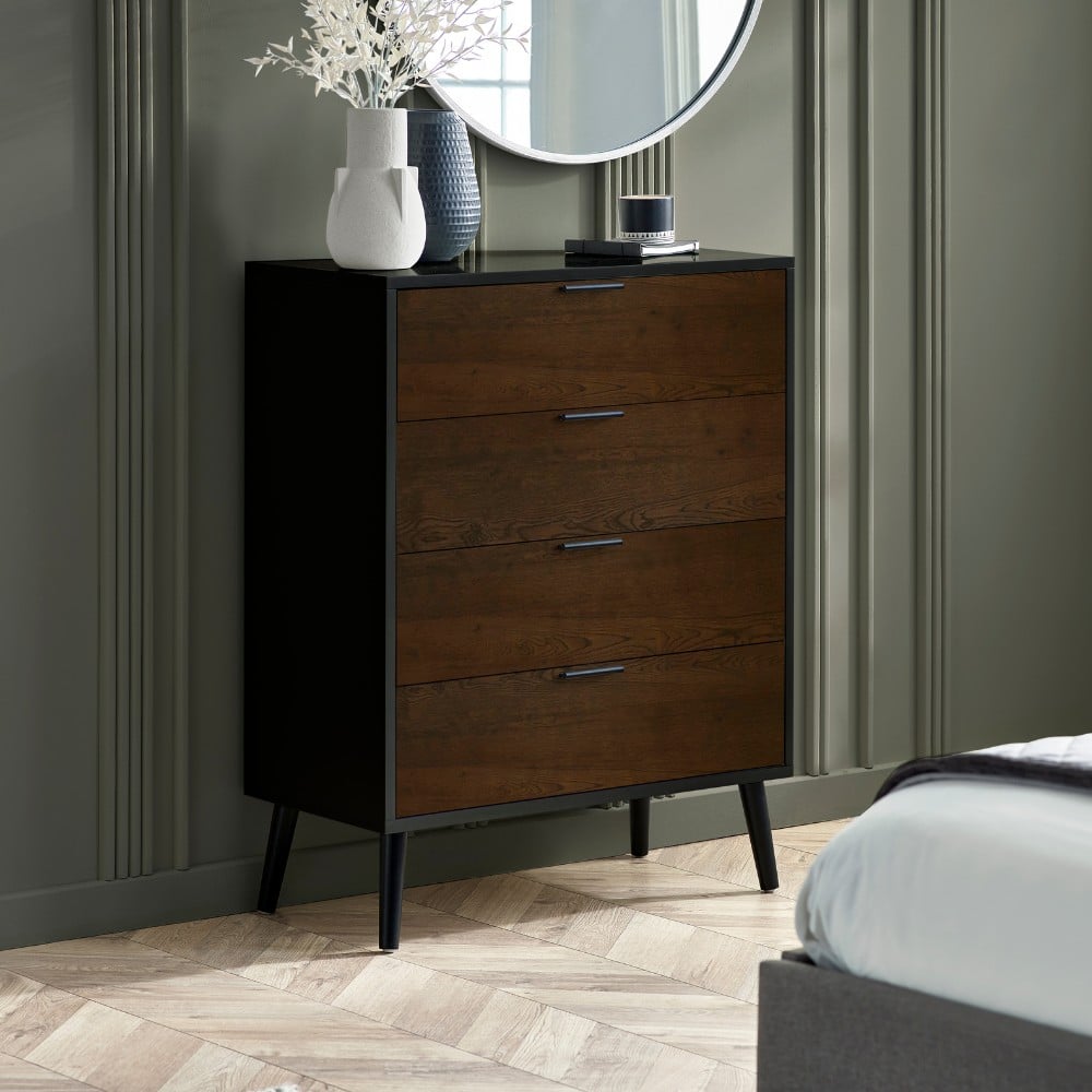 Alba – 4-Drawer Wide Chest of Drawers – Walnut and Black – Lacquered MDF - Happy Beds