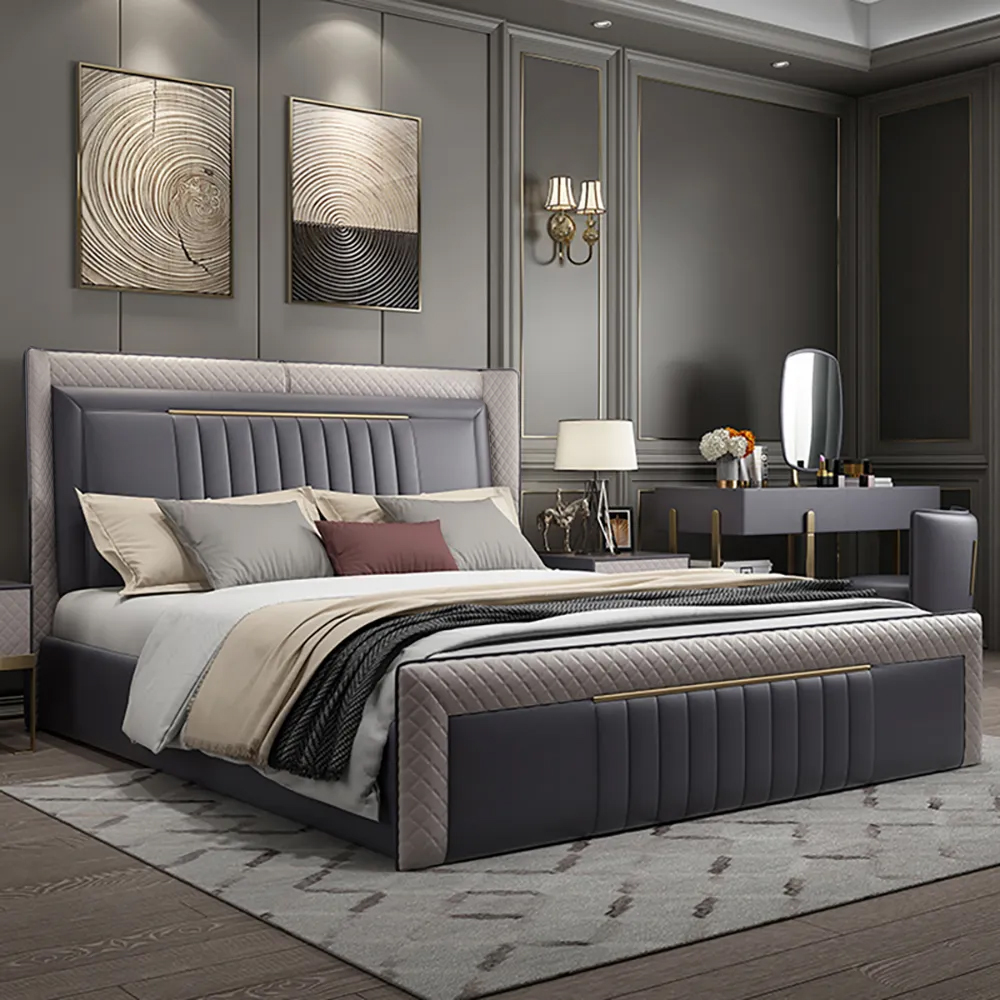 Queen Low Profile Platform Bed Upholstered Wingback Bed in Grey