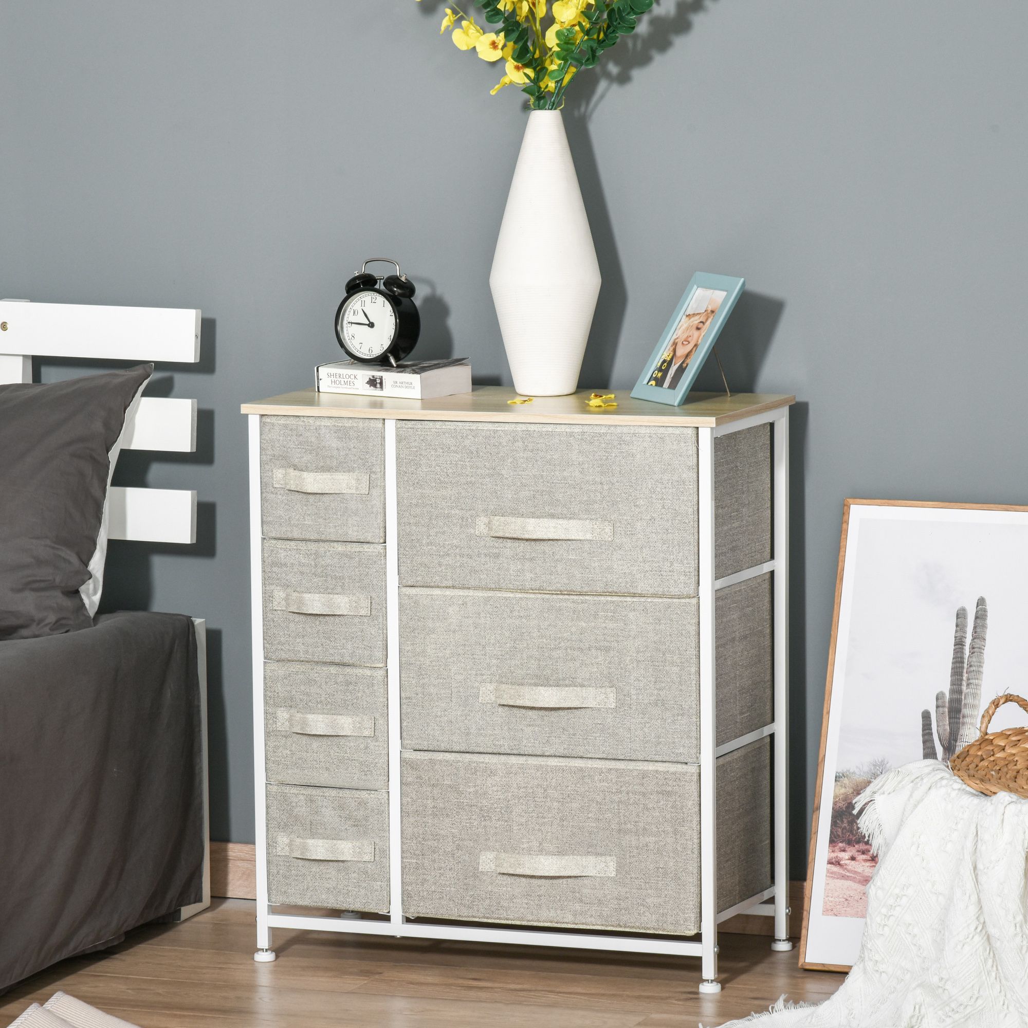 HOMCOM 7 Chest of Drawers Fabric Drawers with Metal Frame in Light Grey