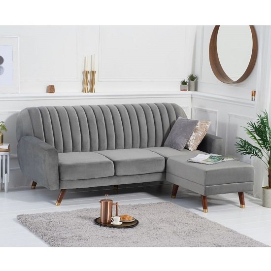 Corwin Velvet Sofa Bed In Grey With Angled Solid Wood Feet