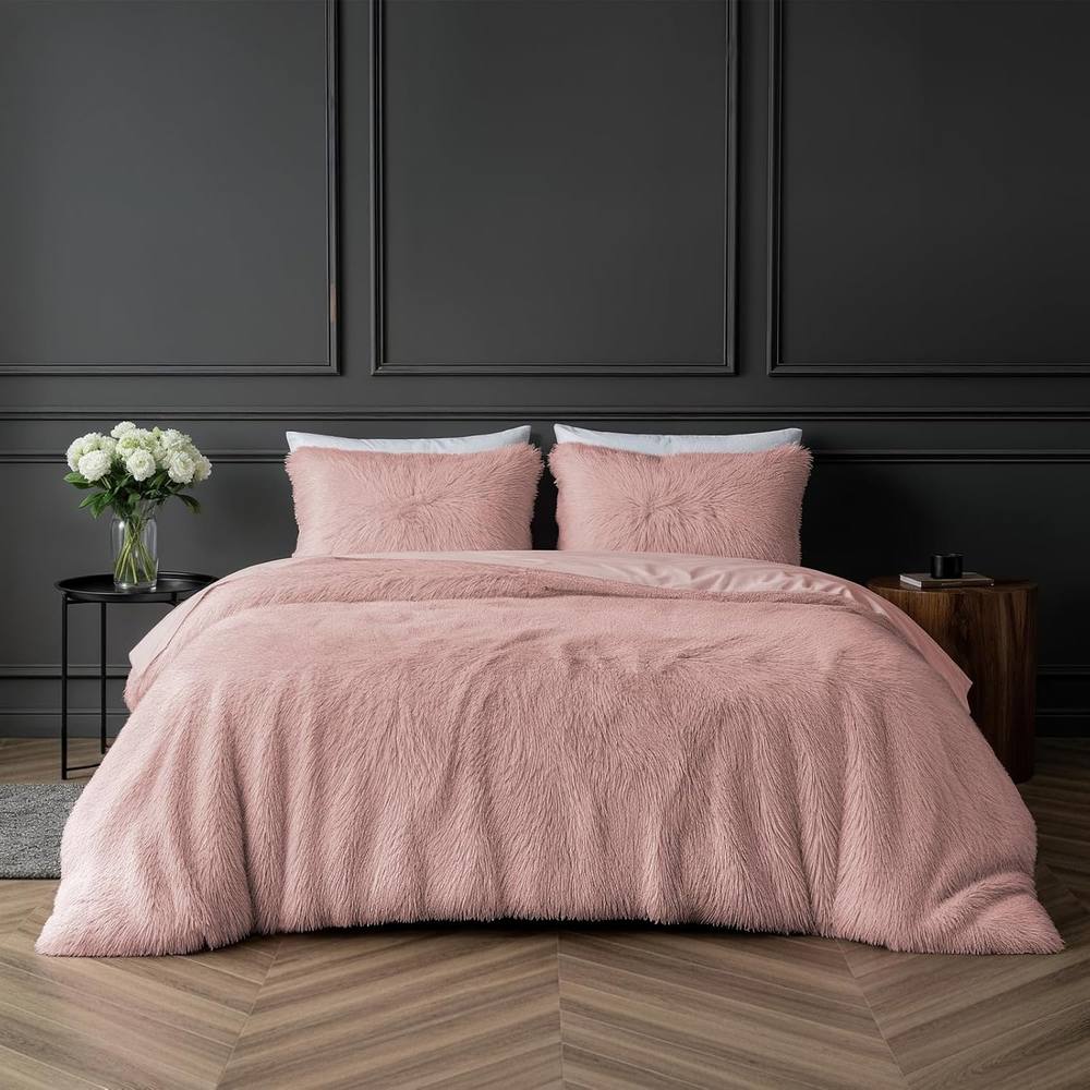 Smart Living Luxury Long Pile Faux Fur Duvet Cover with Pillowcases in Pink