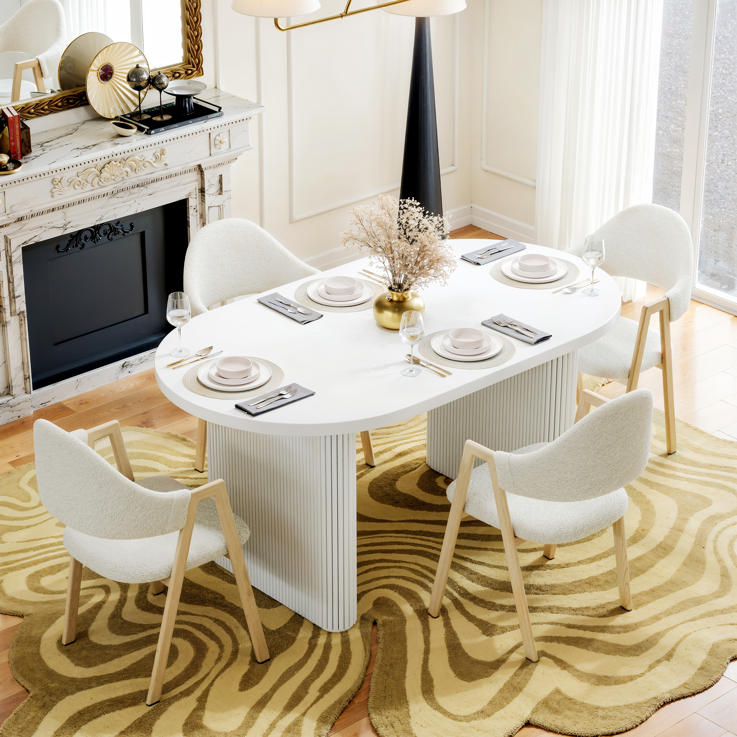 Japandi 1600mm-2000mm Oval Extendable White Dining Table & 4 Dining Chair Set