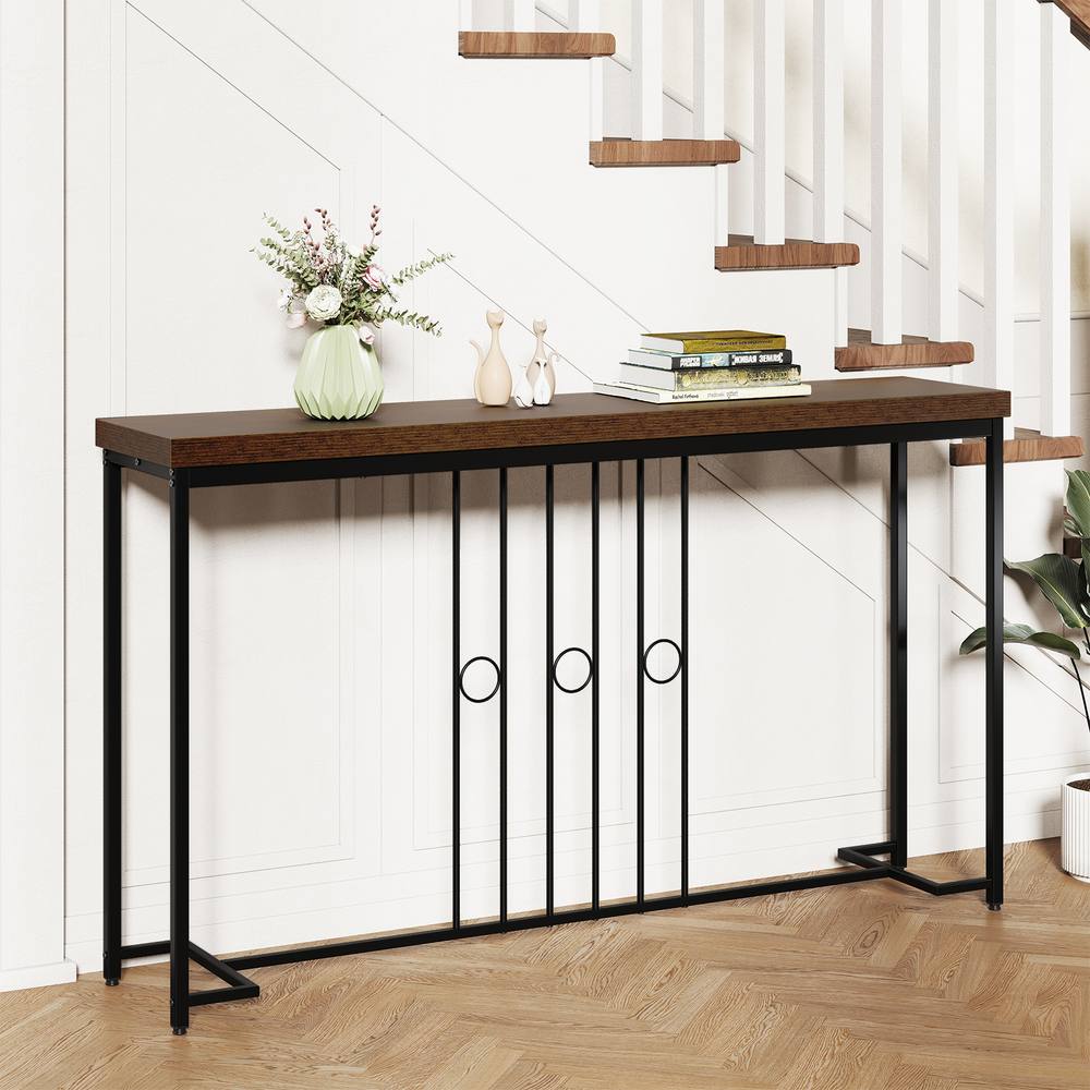 Costway Industrial Console Table 140CM Narrow Entryway Table Behind Sofa Table in Brown
