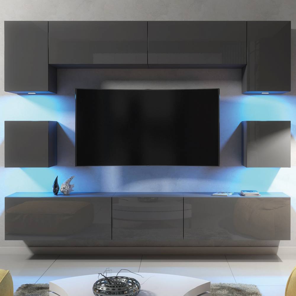 Creative Furniture Panorama Wall TV Unit - Dark Grey with Gloss Doors & LED Lights
