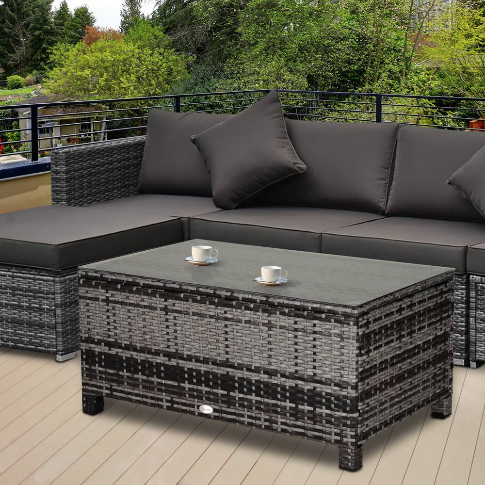 OUTSUNNY Garden Rattan Side Table, Wicker Coffee Desk, Glass Top in Dark Grey