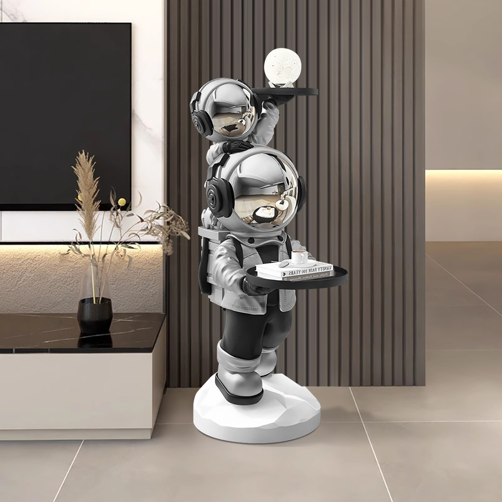 Silver Astronaut Side Table Floor Sculpture Modern End Table with Tray Top