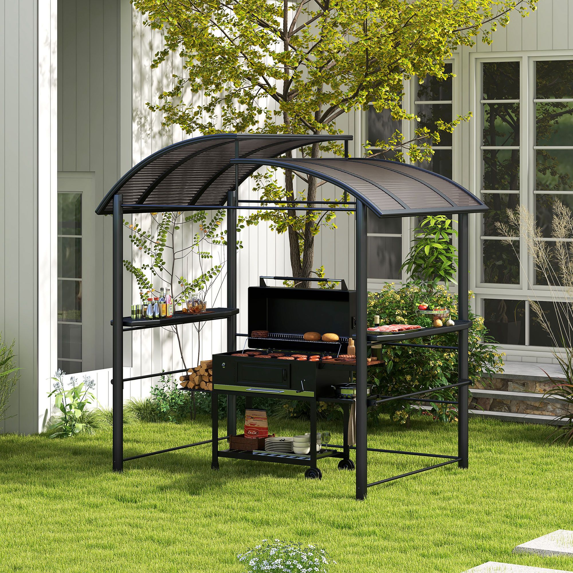 OUTSUNNY Outdoor Grill BBQ Gazebo 2 Shelves & Poles for Hanging Tools Great Ventilation in Dark Grey