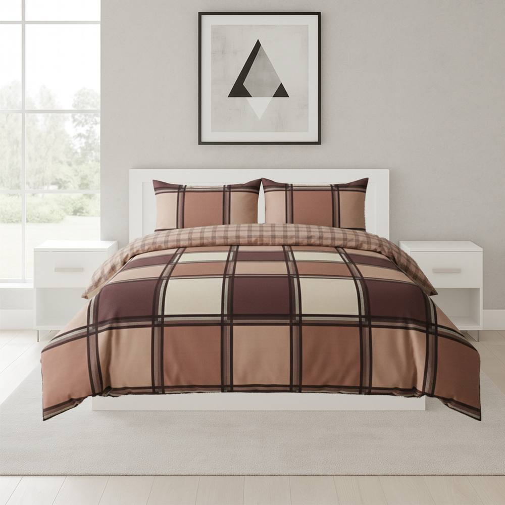 Snug City Box Print Duvet Cover Set Contemporary Square Pattern Bedding in Chocolate