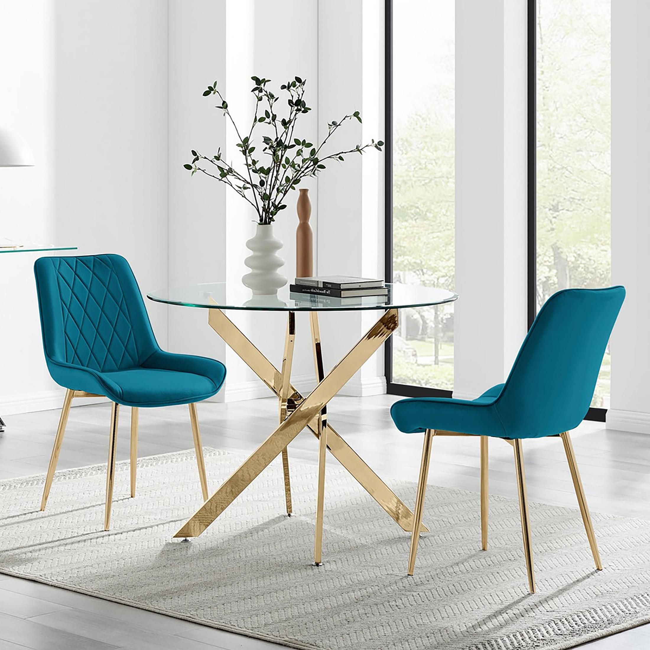 FurnitureboxUK Novara 100cm Round Gold Leg Dining Table & 2 Pesaro Gold Leg Chairs in Blue