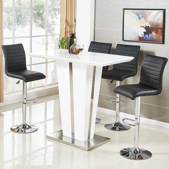 Memphis Glass Bar Table In High Gloss White And 4 Ripple Stools