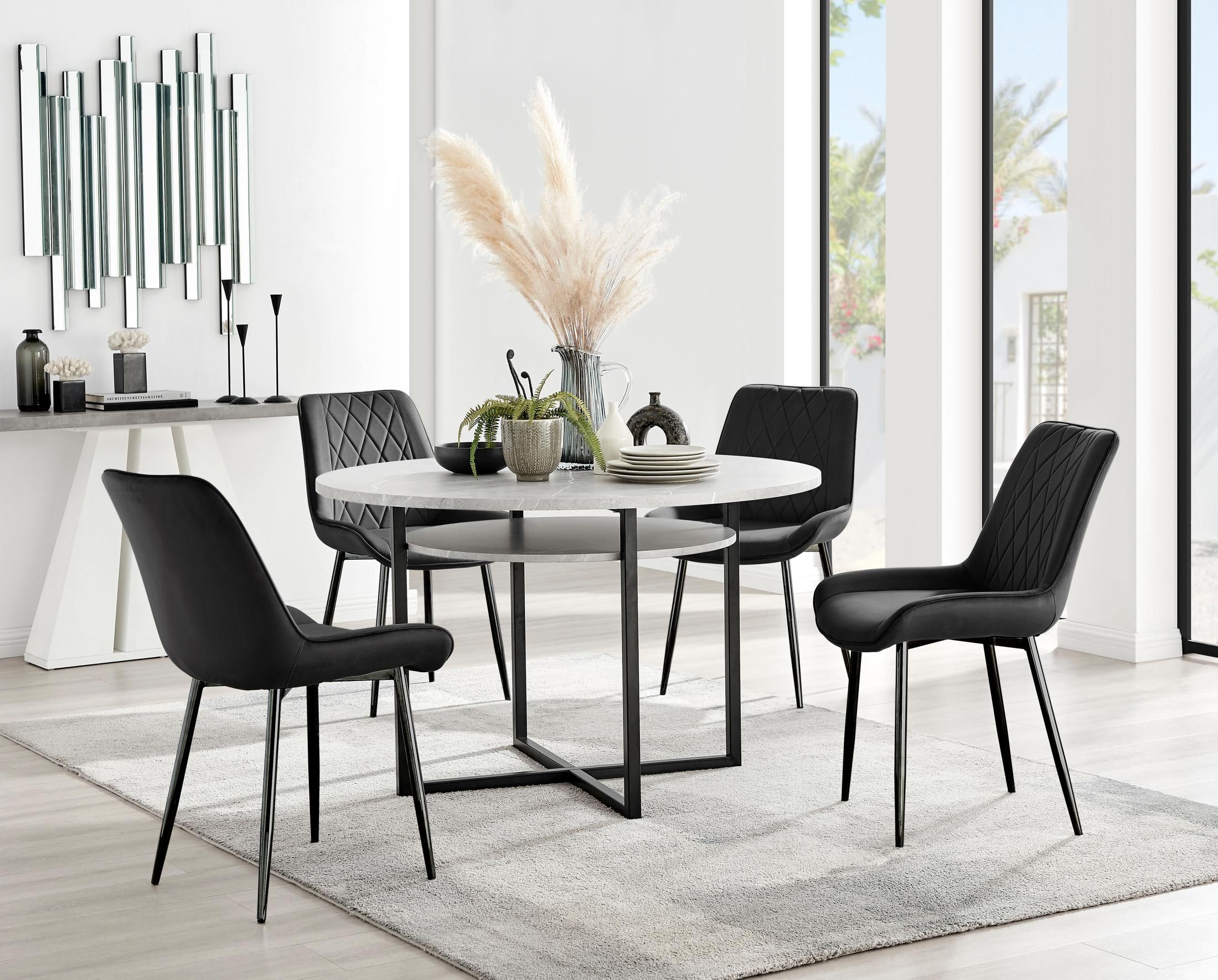 FurnitureboxUK Adley Grey Concrete Effect & Black Round Dining Table with Shelf & 4 Velvet Pesaro Dining Chairs