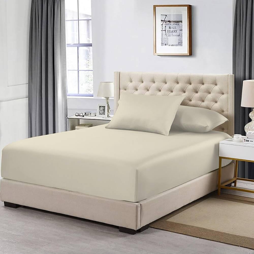 Homes-Linen 100% Egyptian Cotton 200TC Fitted Sheet 30cm Deep Pocket in Cream