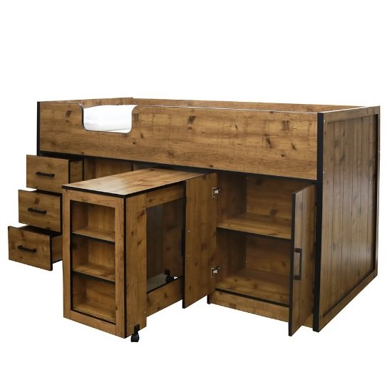 Janessa Wooden Mid Sleeper Bed In Vintage Oak With Black Frame