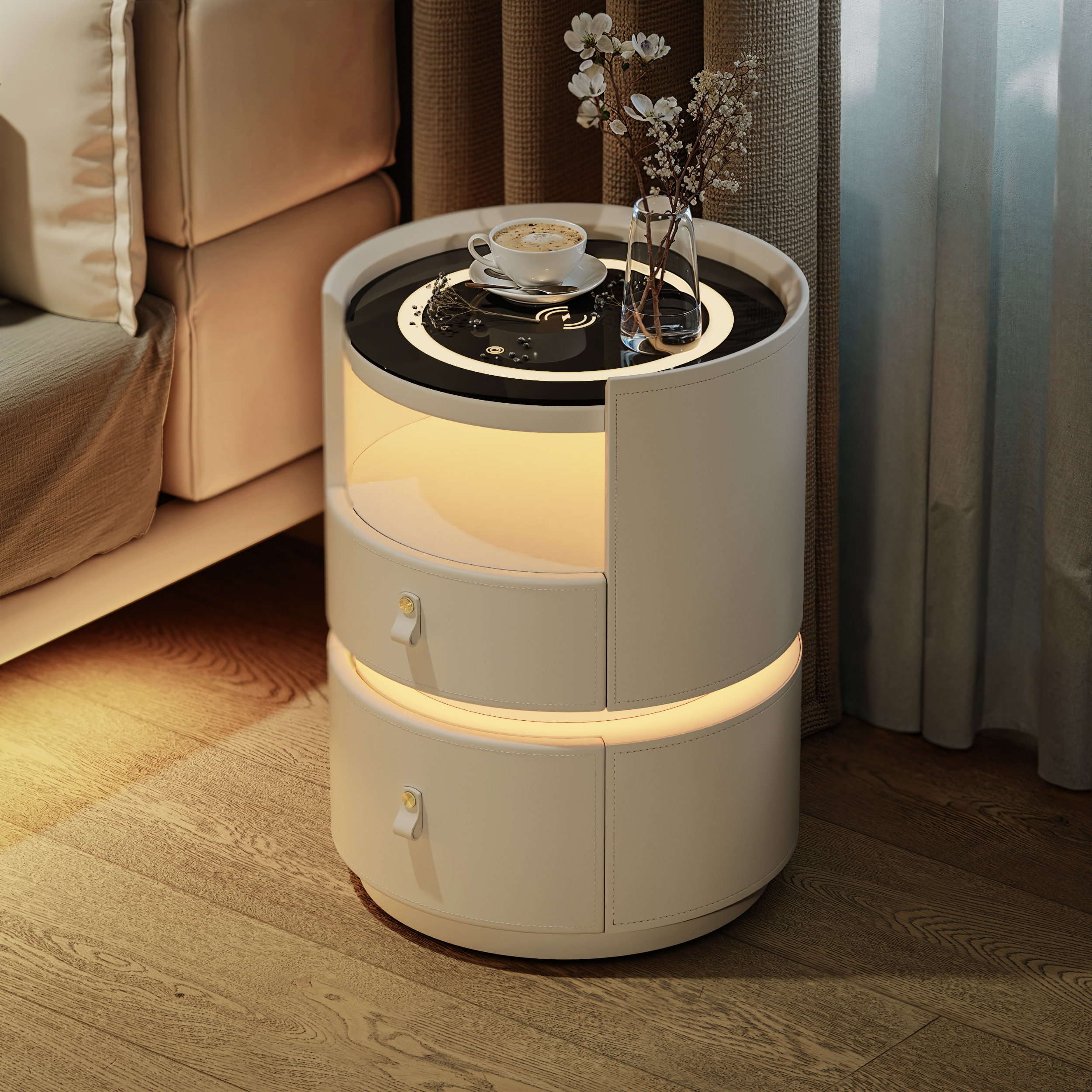 Modern Saddle Leather Smart LED Bedside Table with Charging Station, Tempered Glass Top