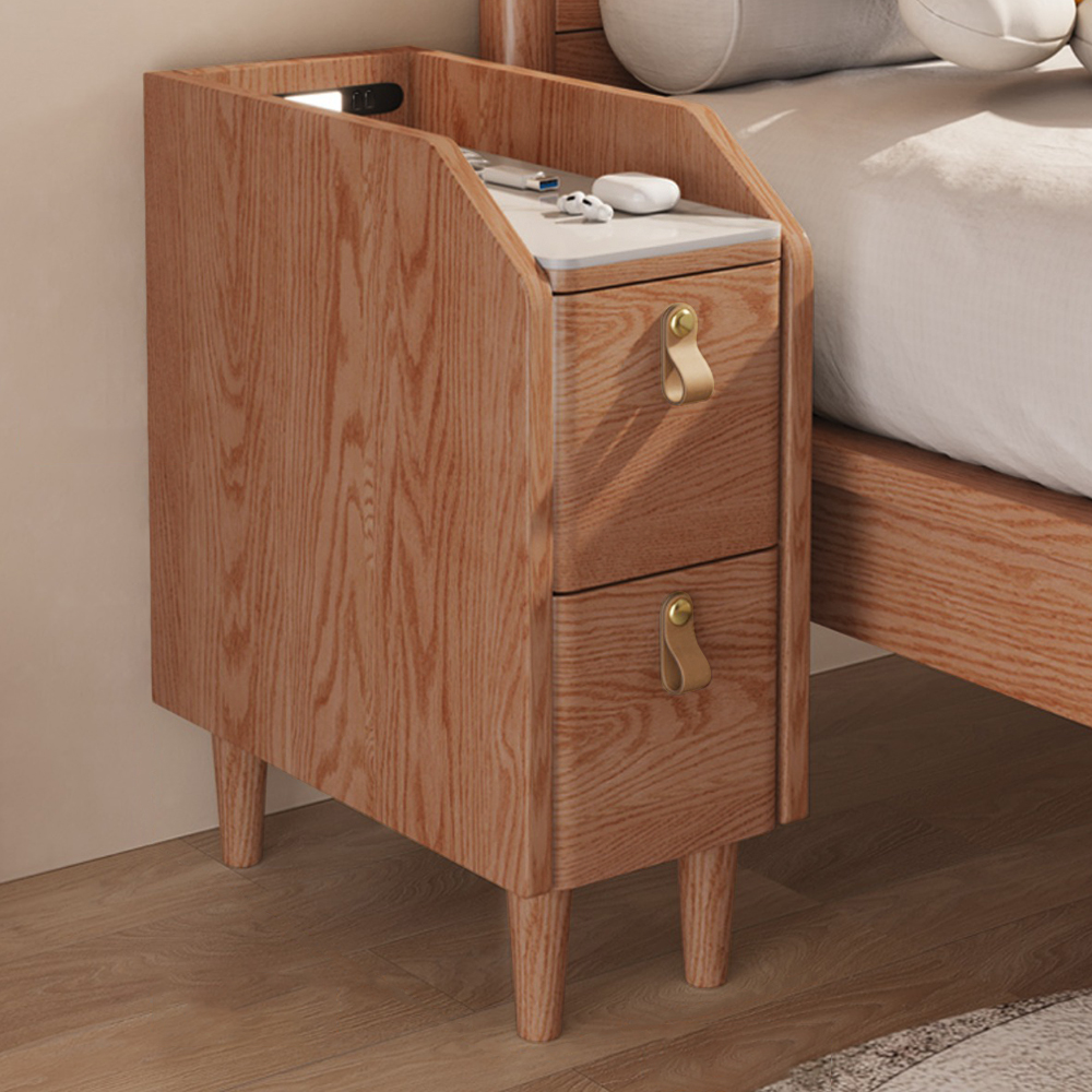 Modern Narrow Smart Bedside Table Cherry Bedside Table with Sensor Light & USB Port