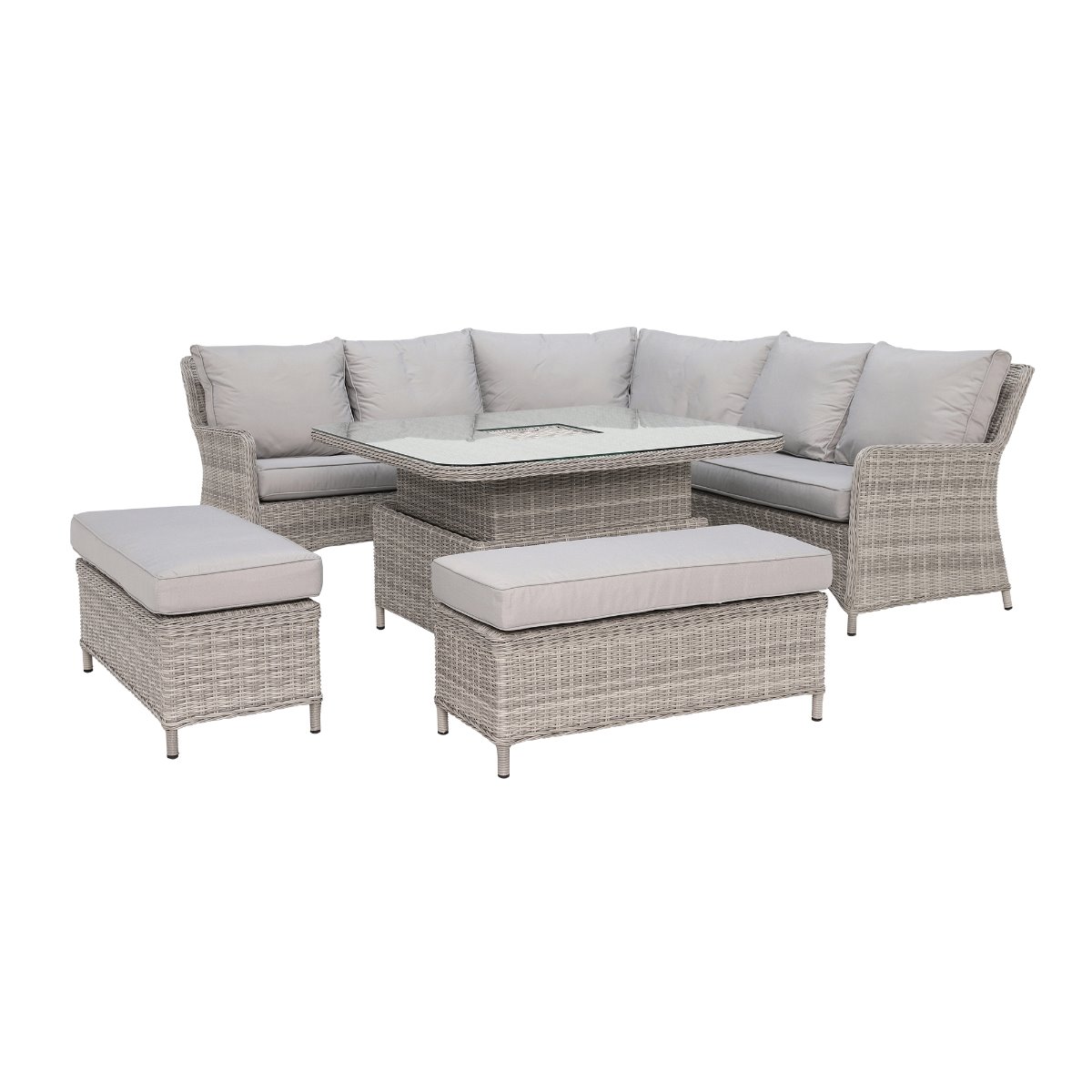 Hathaway Corner Garden Dining Set with Ice Bucket in Light Grey Weave and Grey Fabric