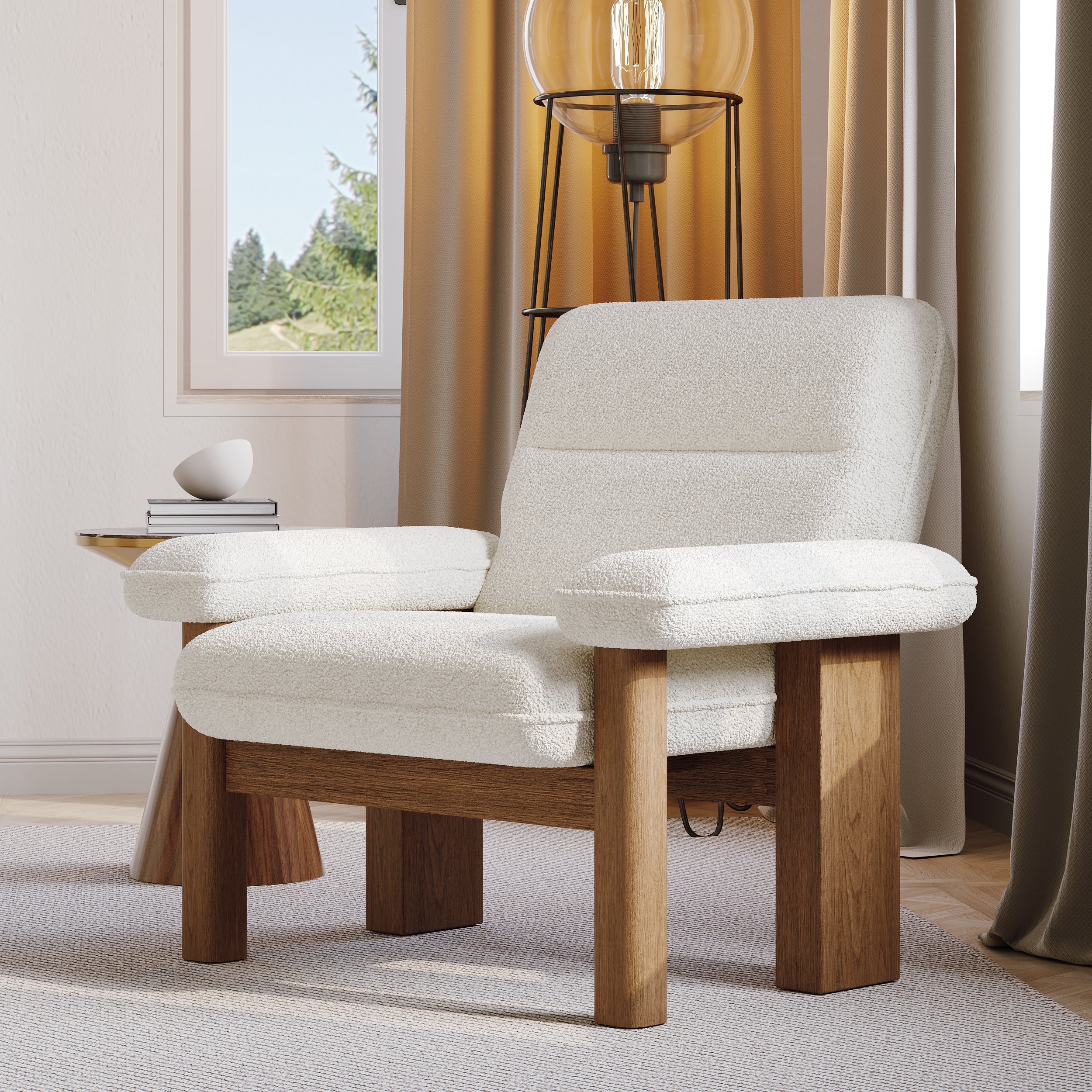 Solid Wood Accent Chair Boucle Armchair for Living Room in White