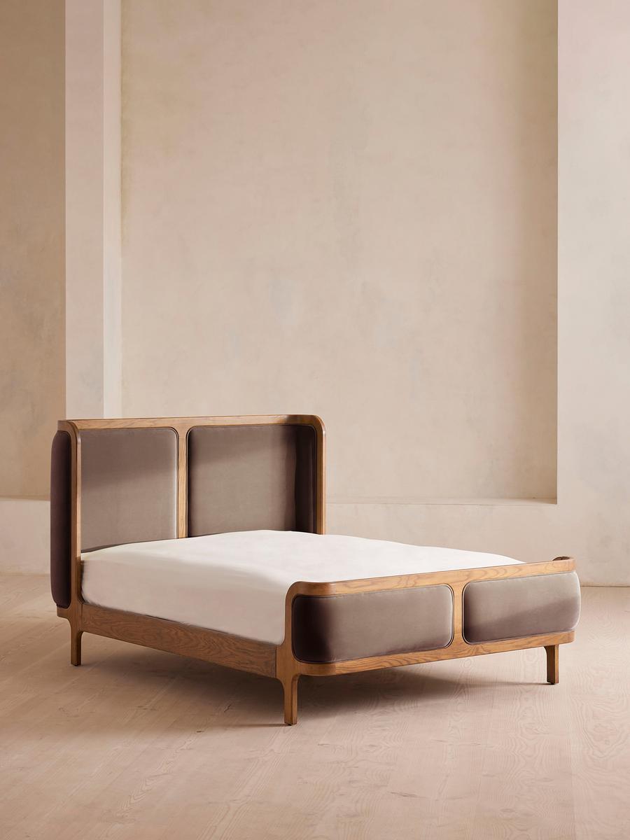 Belsa Bed, Light Oak, King, Velvet, Taupe
