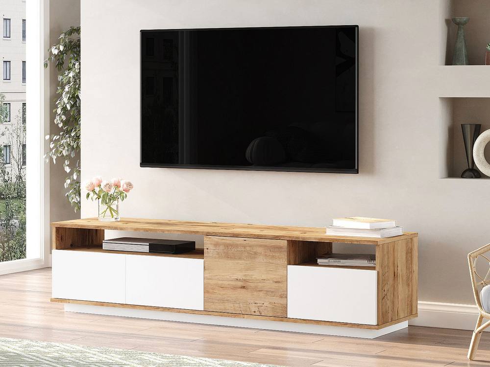 Vente-unique TV Unit With 4 Doors & 2 Shelves - Light Natural & White - CEDONA in Light Oak