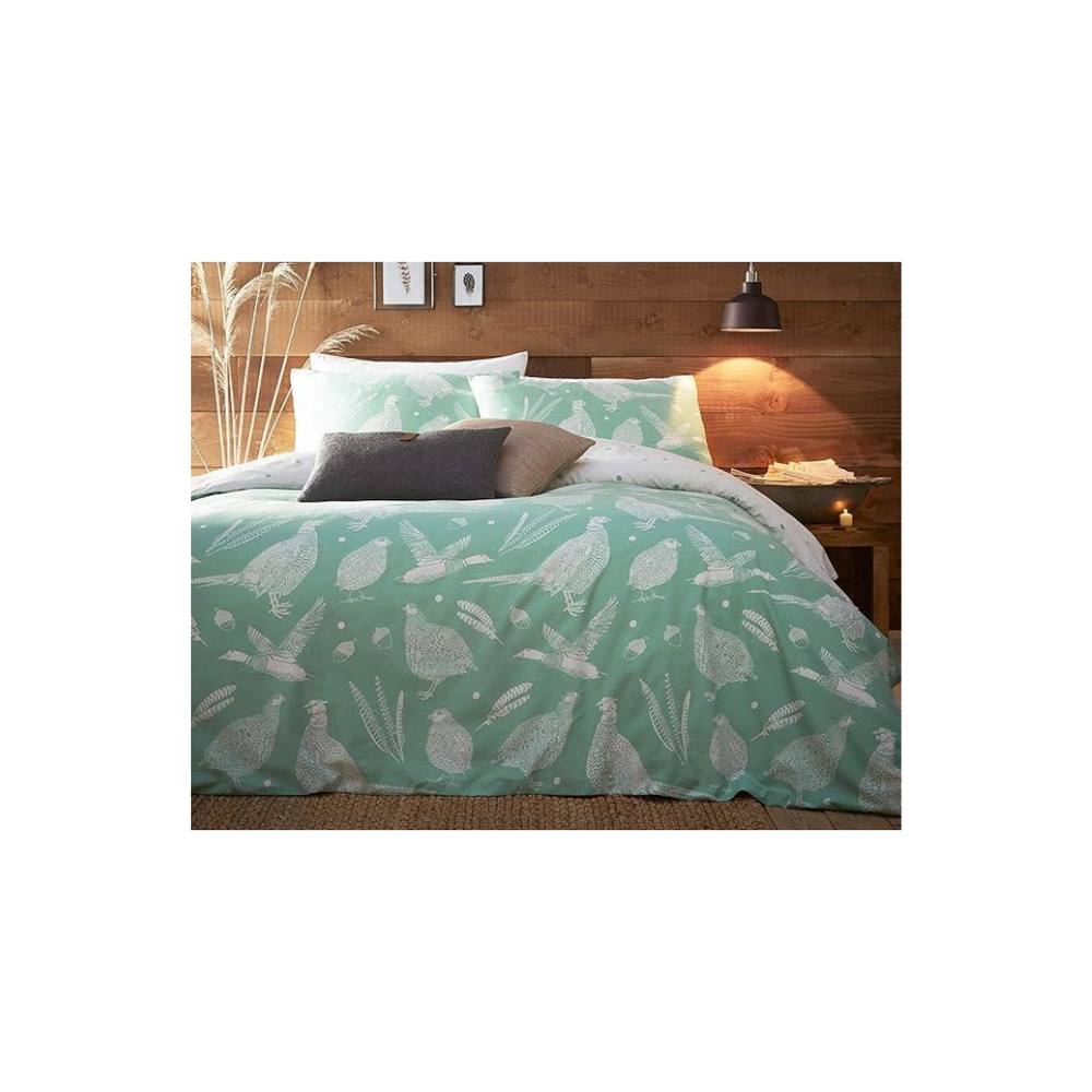 Creative Cloth Double Duvet Moorland Birds Reversible Set Green in Bright Green