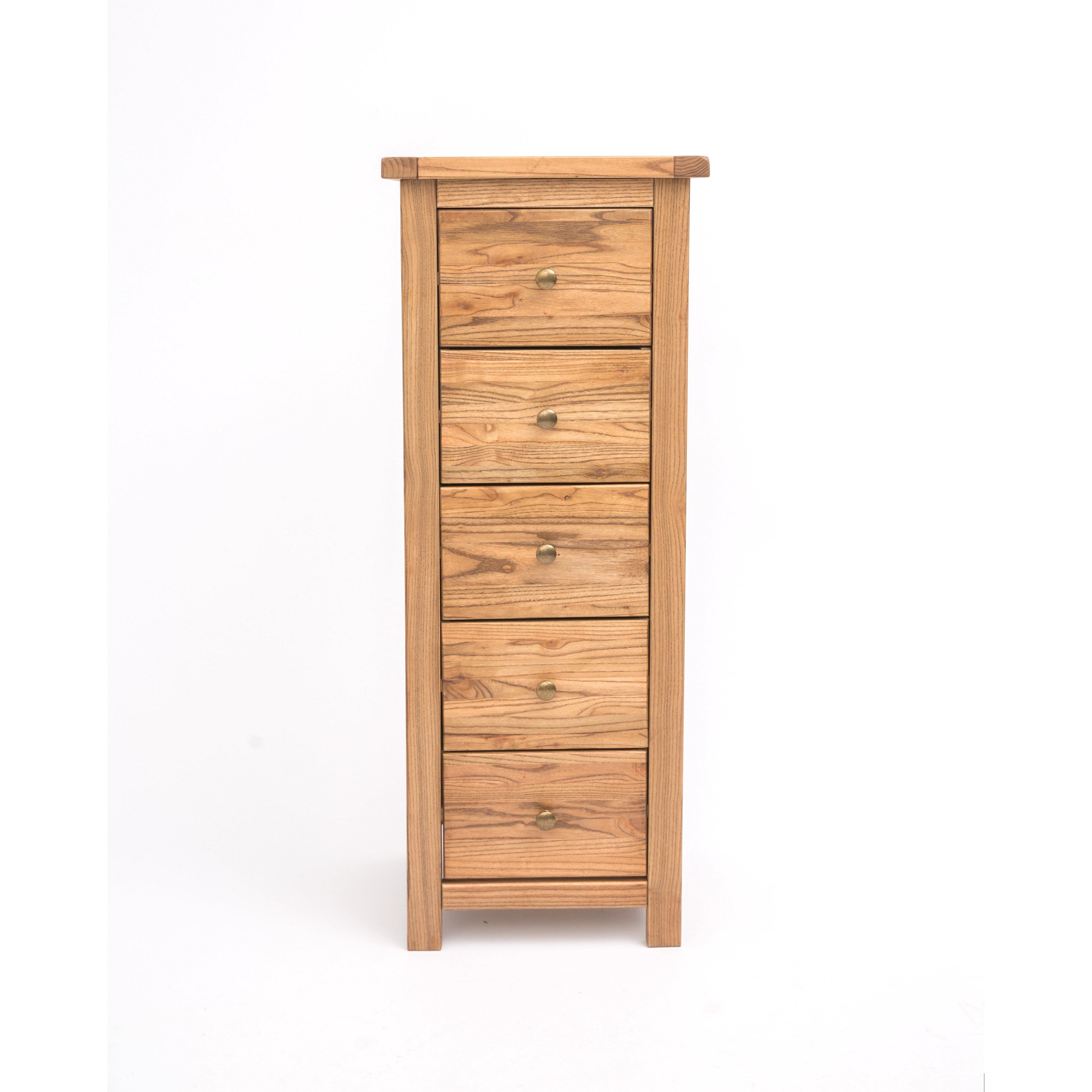 Cabinet Bits Trivento 5 Drawer Narrow Chest of Drawers Brass Knob in Natural