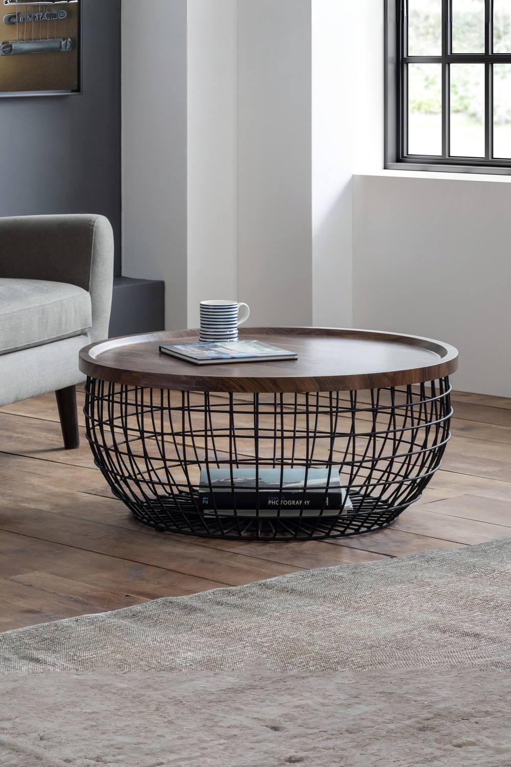 Julian Bowen Smithson Round Wire Basket Base Coffee Table in Walnut