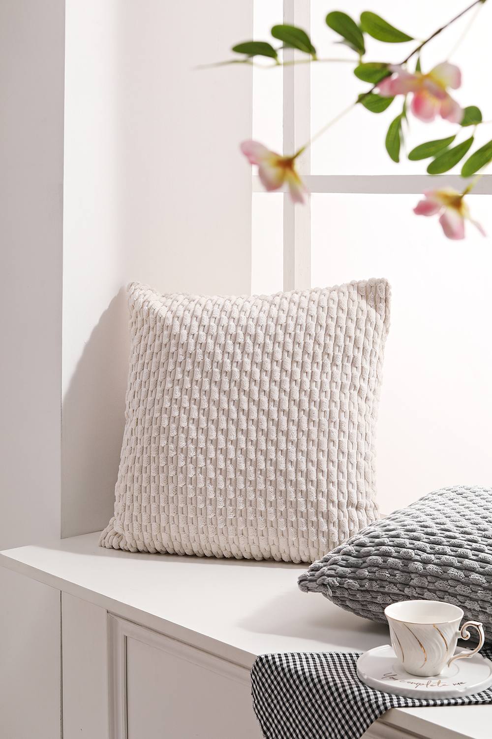 Beige Nordic Corduroy Striped Pillow Square Sofa Cushion