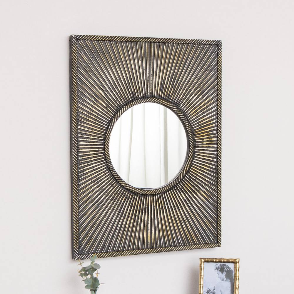 Melody Maison Distressed Black Rectangular Wooden Sunburst Wall Mirror - 60cm X 80cm