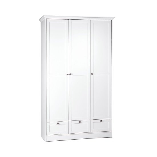 Country Wooden Wardrobe In White With 3 Doors And 3 Drawers