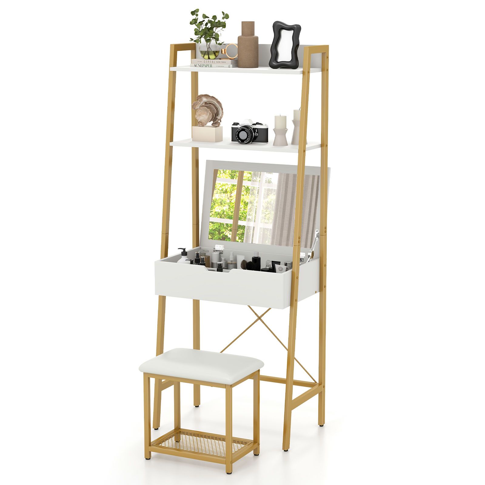 Costway 3 IN 1 Vanity Dressing Table Set Book Storage Shelf Ladder Desk Cushioned Stool in Natural