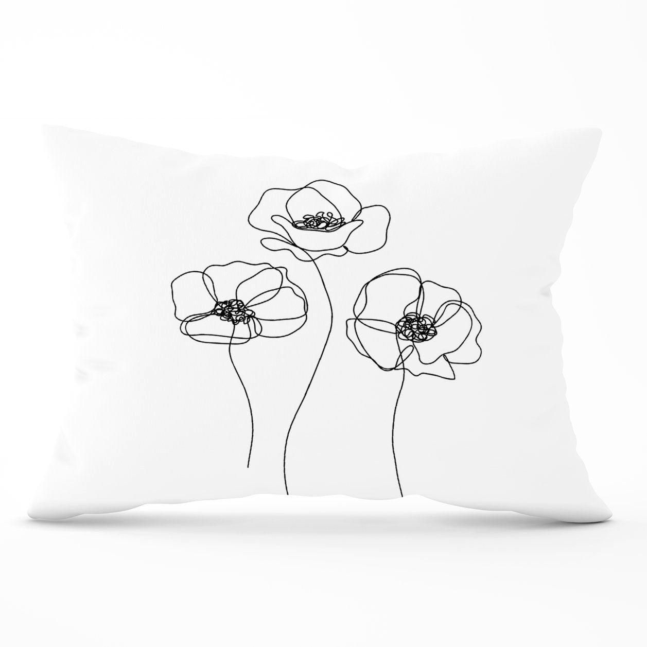 Warren Reed - Designer Monochrome Line Drawn Poppies Cushions in White