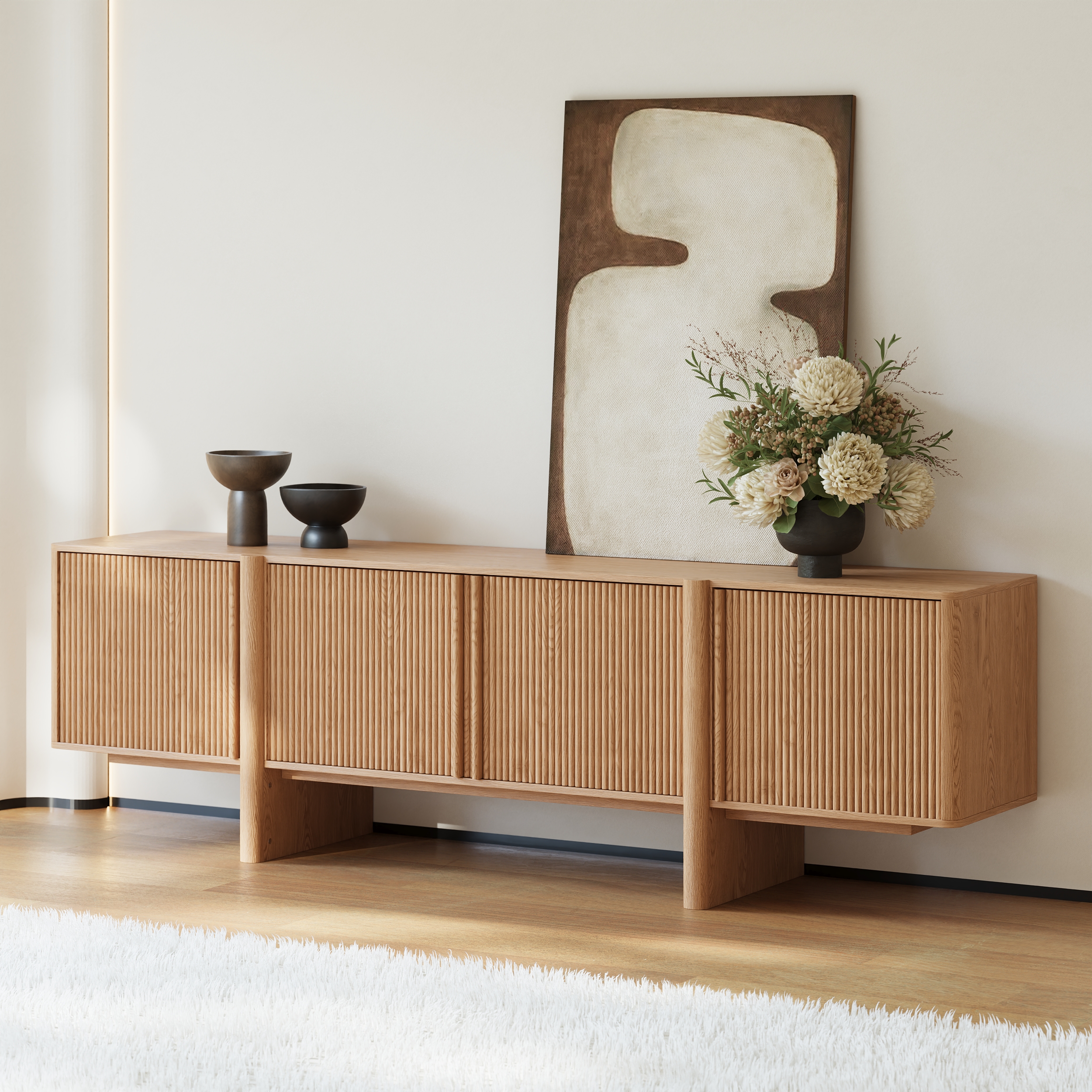 200 cm Solid Wood Fluted Natural TV Stand with Cabinets