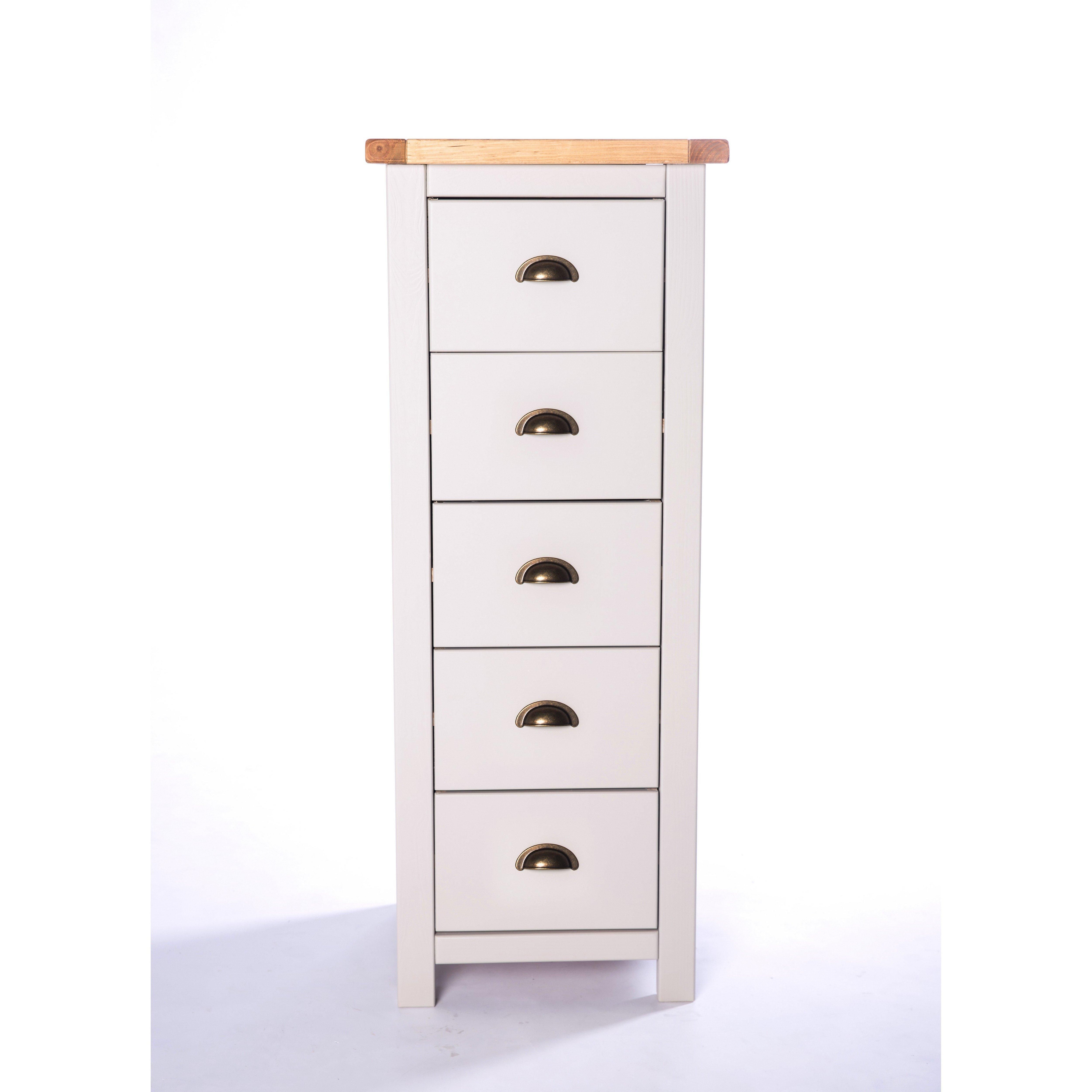 Cabinet Bits Argenta 5 Drawer Narrow Chest of Drawers Brass Cup Handle in Light Grey
