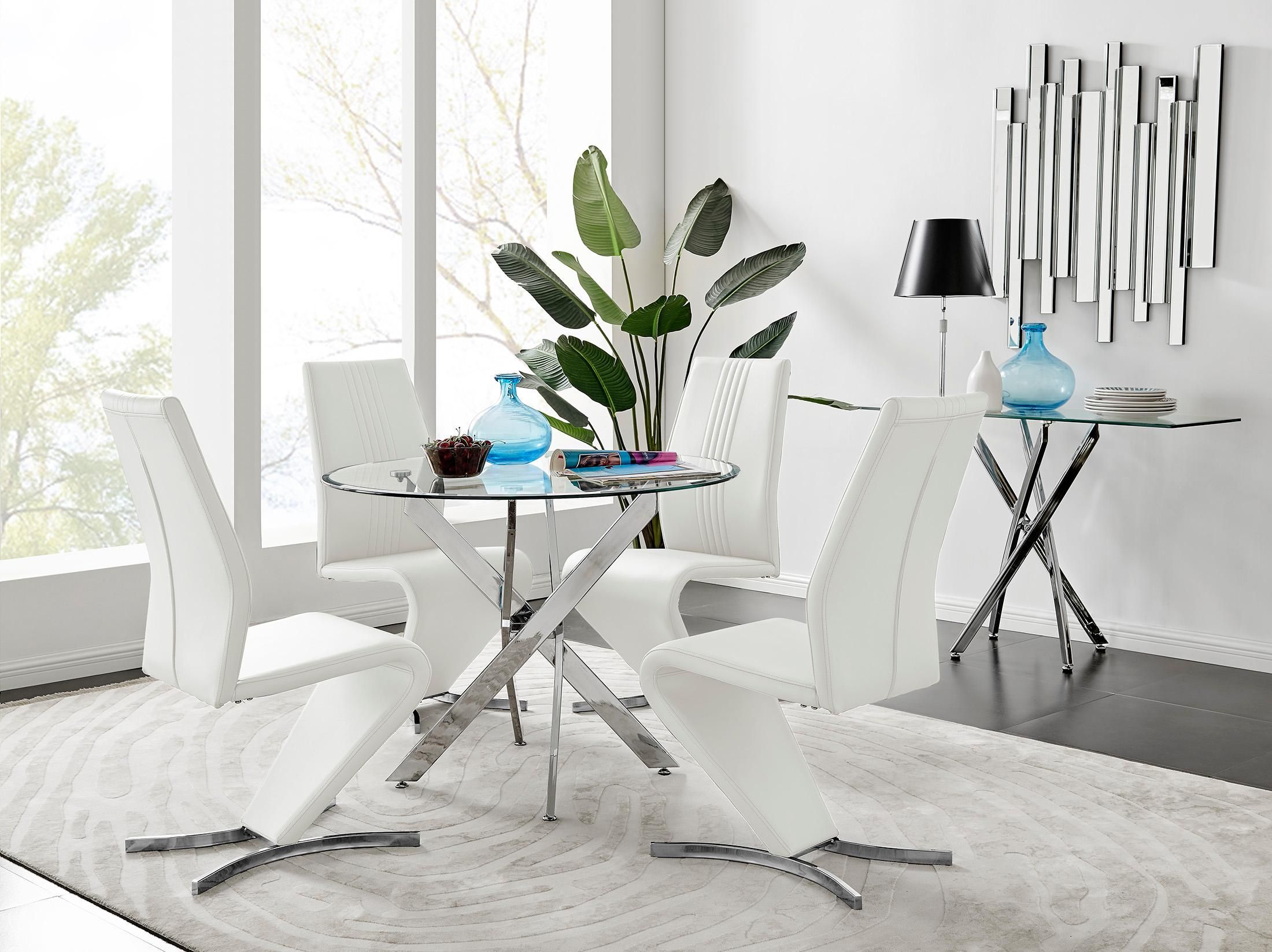 FurnitureboxUK Novara Round 100cm Chrome Metal & Glass Dining Table & 4 Willow Dining Chairs Set in White
