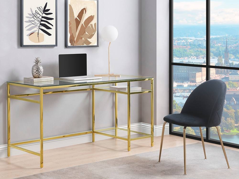 Vente-unique 2-Shelves Desk - Tempered Glass & Steel - Gold - TIZIO in Clear