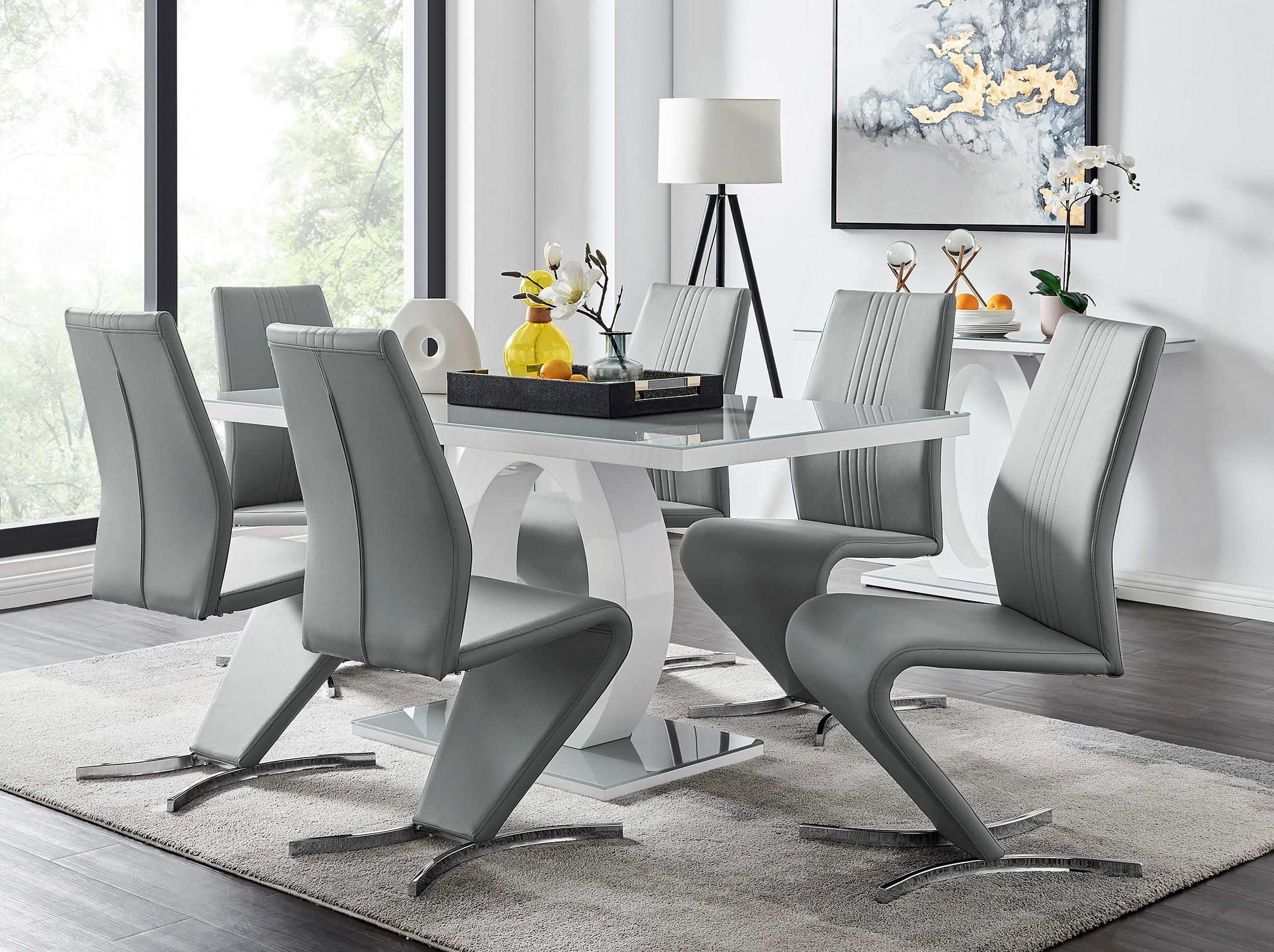 FurnitureboxUK Giovani 6-Seater Grey Glass Dining Table & 6 Willow Faux Leather Dining Chairs