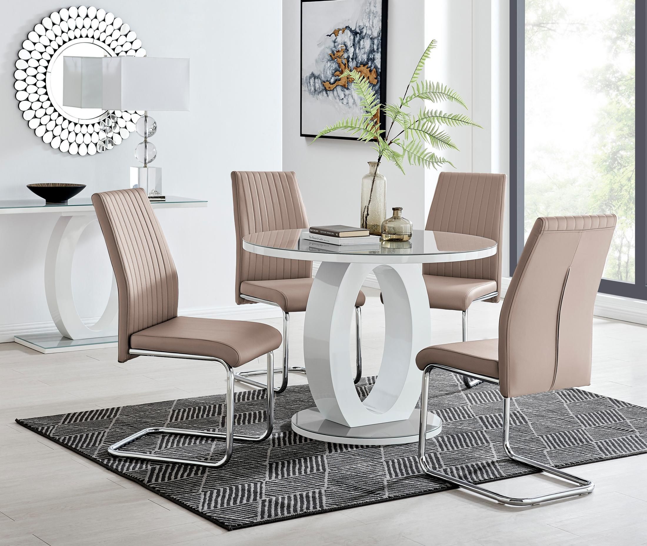 FurnitureboxUK Giovani Round 4 Seat 100cm White High Gloss Unique Halo Base Grey Glass Top Dining Table 4 Soft Faux Leather Lorenzo Chairs in Beige